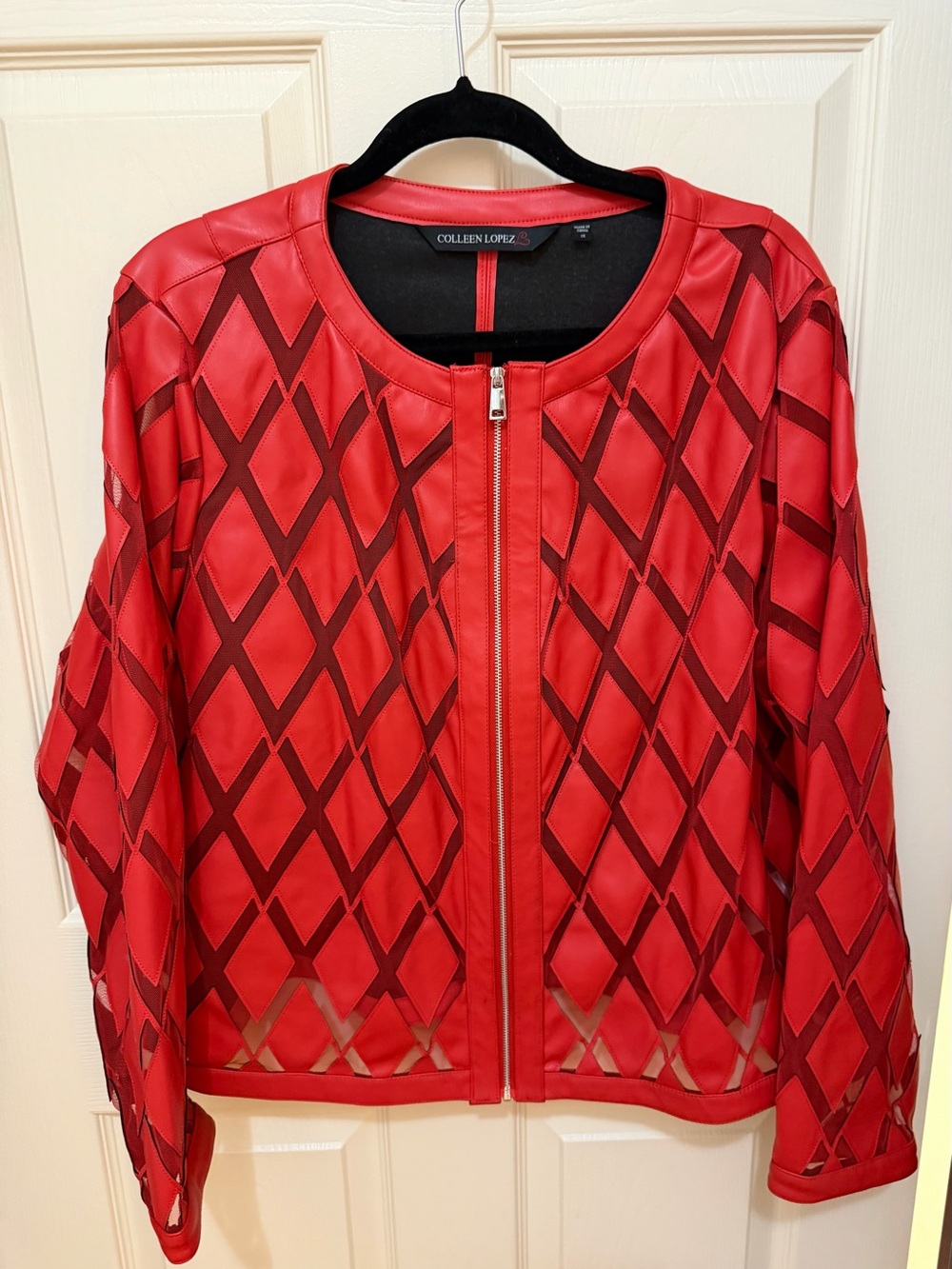 Colleen Lopez Red Geometric Mesh Zip Jacket